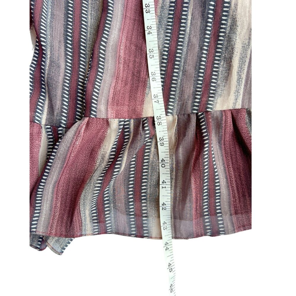 Boho Beaded Striped V-Neck Empire Waist Midi Dress M Burgundy Mauve Puff Sleeve - Picture 4 of 9